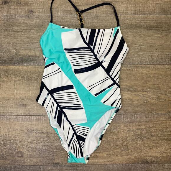 TRINA TURK Copacabana One Piece Swimsuit Tropical Print Teal Black Strappy Sz 4 - Picture 6 of 14